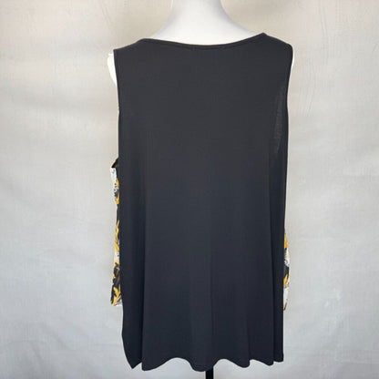 DG2 Diane Gilman Top Sz 1X Black Yellow Print Front Pleated Layered Sleeveless