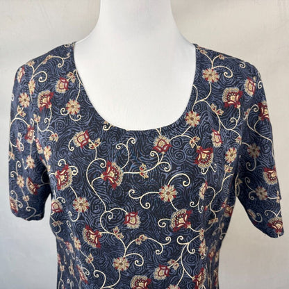 Liz Claiborne Women Sz 8 Silk Scoop Neck Black Blue Floral Print Short Sleeve