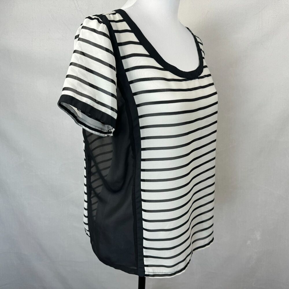 American Eagle Sheer Sz L Black White Striped Round Neck Back Accent Buttons