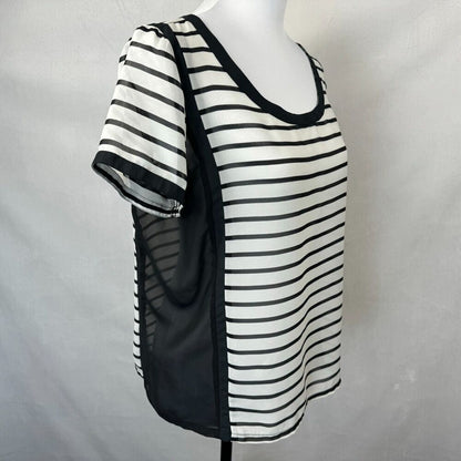 American Eagle Sheer Sz L Black White Striped Round Neck Back Accent Buttons
