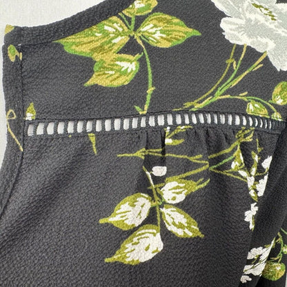 Fever Blouse Sz S Black Green White Floral Print VNeck Ladder Trim 3/4 Sleeves
