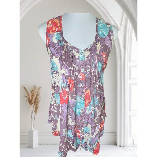 American Rag Cie Blouse Sz S Button Front Multicolor Floral Pintuck Scoop