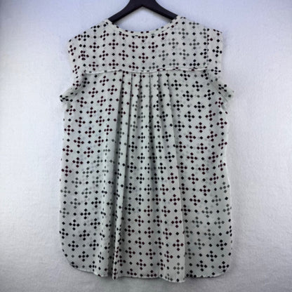 Pleione Top Women Sz M Cream blue red gray squares cap sleeves pleated back