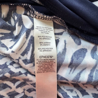 Chico's Tunic Sz 1 Blue Round Neck Geometric Print 3/4 Length Sleeve Side Slits