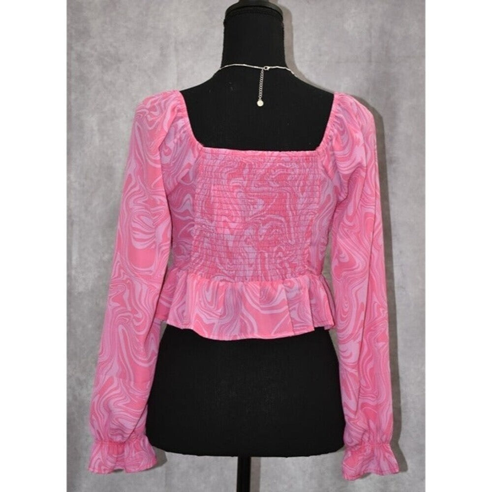 Crave Fame Women Size Small Blouse Pink Peplum Long Sleeve NWT
