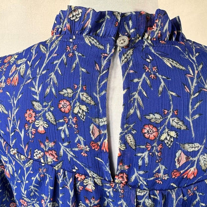 LOFT Women's Sz S Blouse Blue Floral Ruffle Crew Neck Puffed Ruffle Short Sleeve