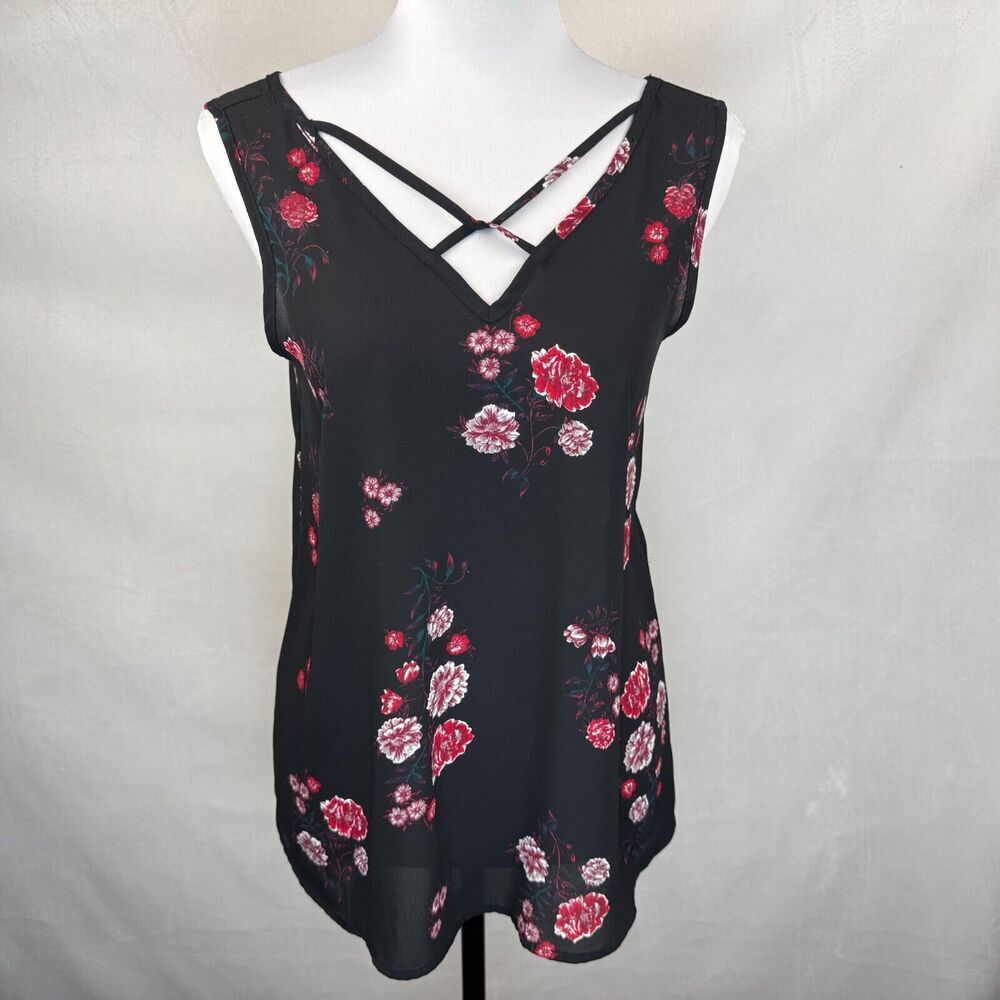 Maurices Black Floral Tank Top Sz XS Sleeveless VNeck Criss Cross Front
