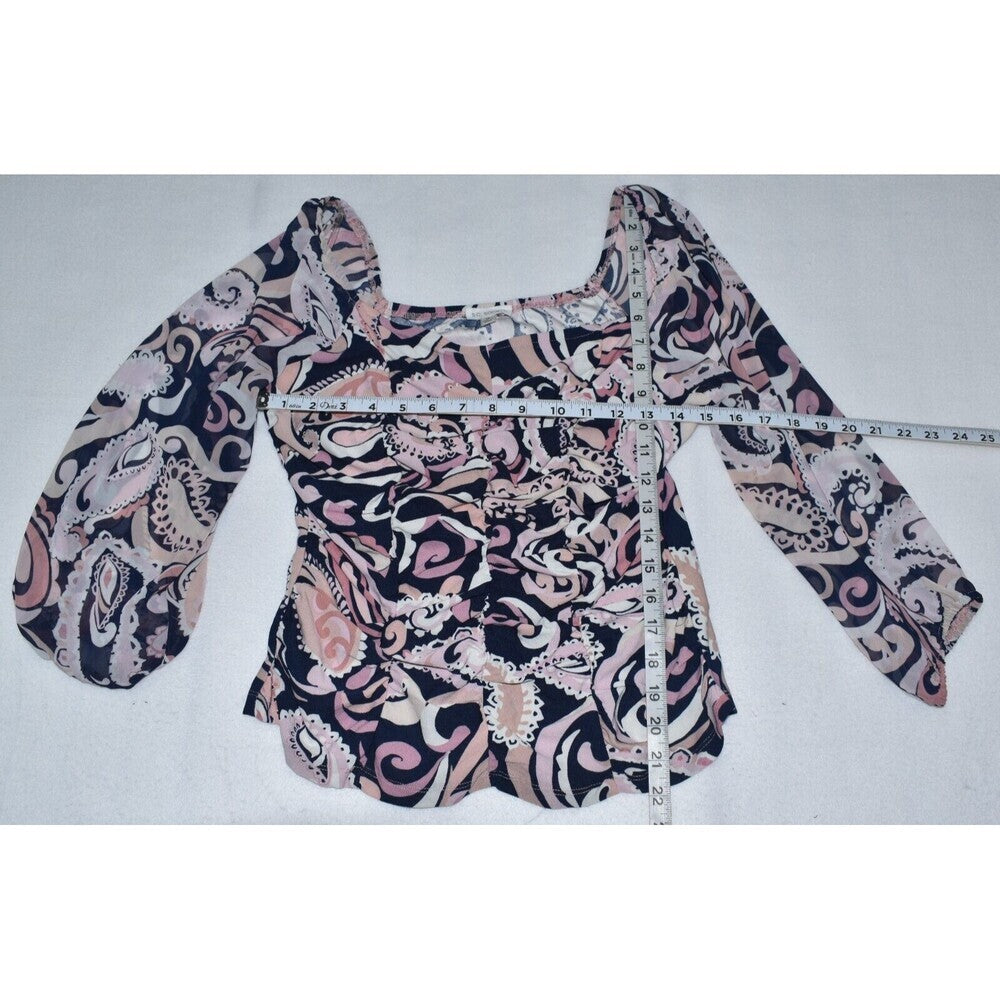 SC Society Top SZ M Long Sheer Sleeves Ruched Front