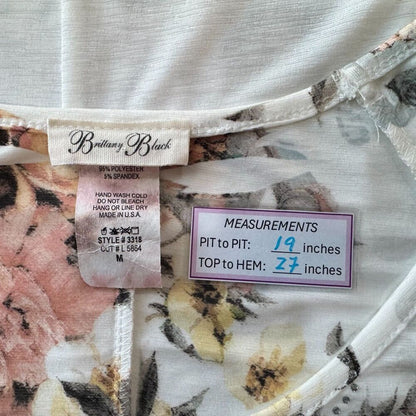Brittany Black Women Sz M Tunic Ivory Floral Glitter Bling Scoop Neckline