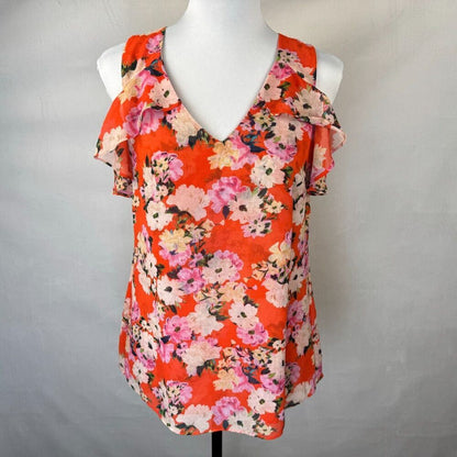 CAbi Blouse Sz XS Multicolor Red Floral V-Neck Cold Shoulder Sleeveless