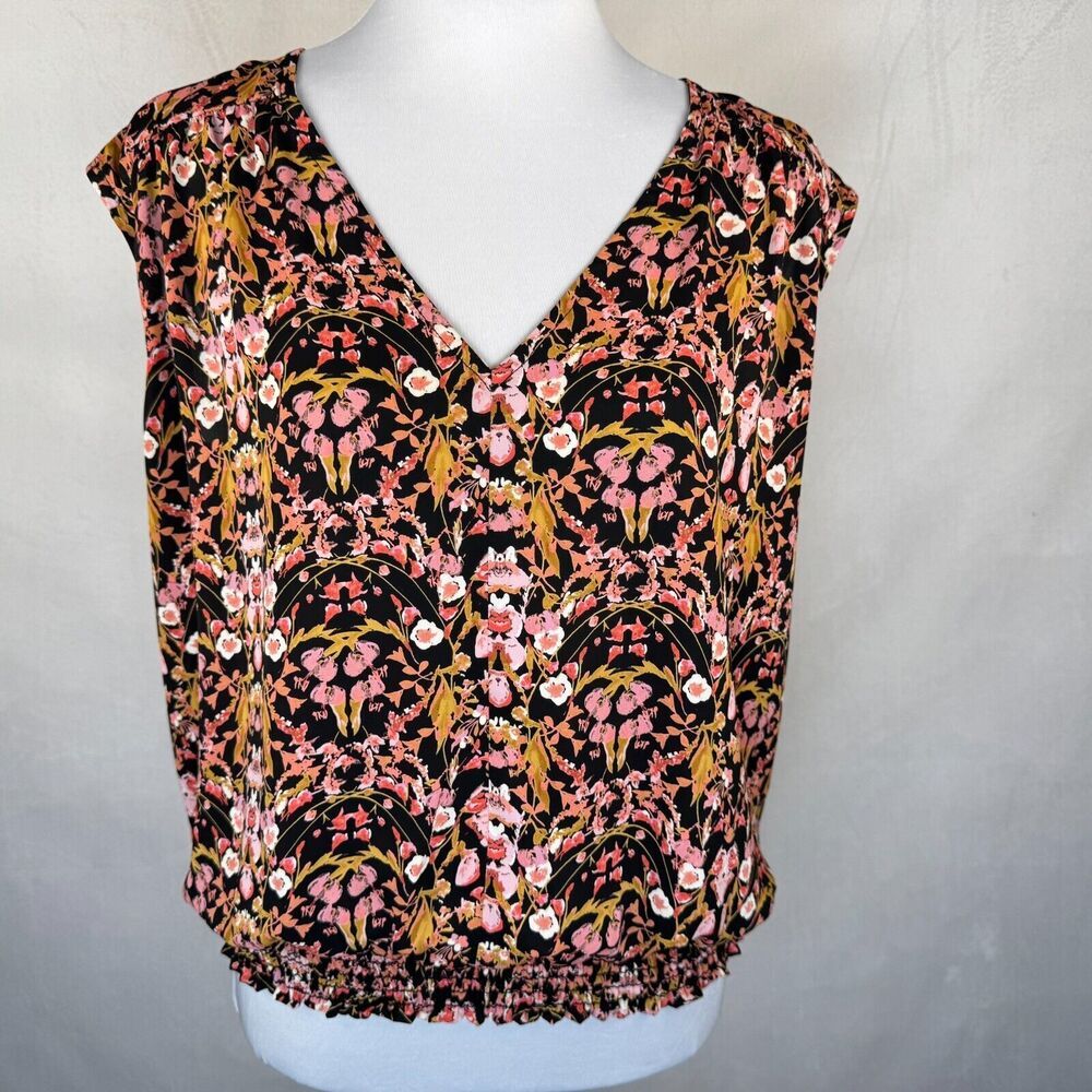 Roan Ryan Blouse Sz S Black Floral VNeck Sleeveless Elastic Waistline