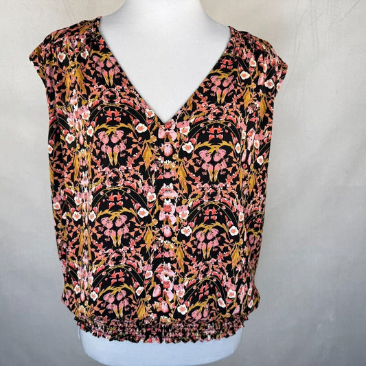 Roan Ryan Blouse Sz S Black Floral VNeck Sleeveless Elastic Waistline