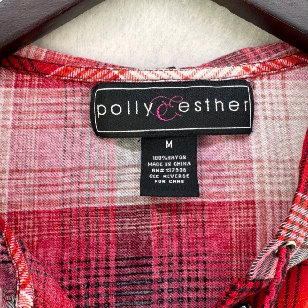 Polly & Esther Sz M Hoodie Button down plaid shirt front pocket rayon