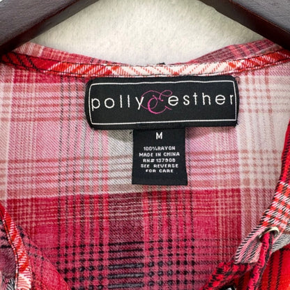 Polly & Esther Sz M Hoodie Button down plaid shirt front pocket rayon