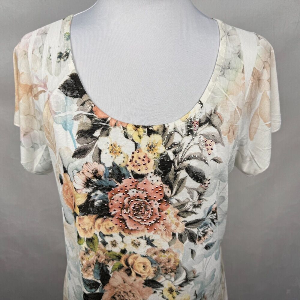 Brittany Black Women Sz M Tunic Ivory Floral Glitter Bling Scoop Neckline