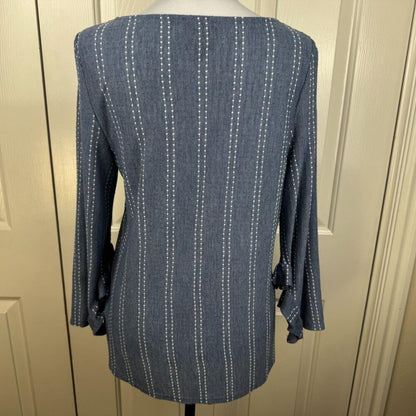 W5 Anthropologie Women Sz M Long Sleeve Blue Striped Textured Shirt Blouse