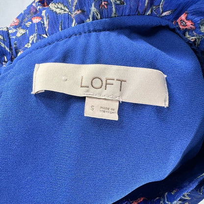 LOFT Women's Sz S Blouse Blue Floral Ruffle Crew Neck Puffed Ruffle Short Sleeve