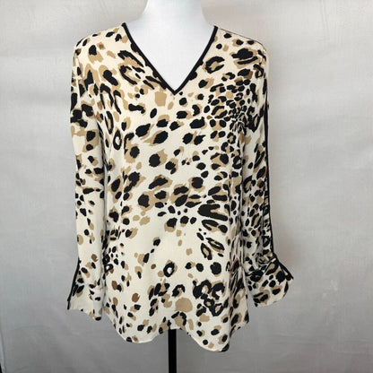 Chico’s Blouse Sz 00 Cheetah Print V Neck Long Split Black Trim Sleeve