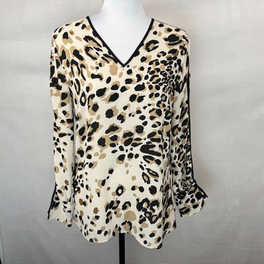 Chico’s Blouse Sz 00 Cheetah Print V Neck Long Split Black Trim Sleeve