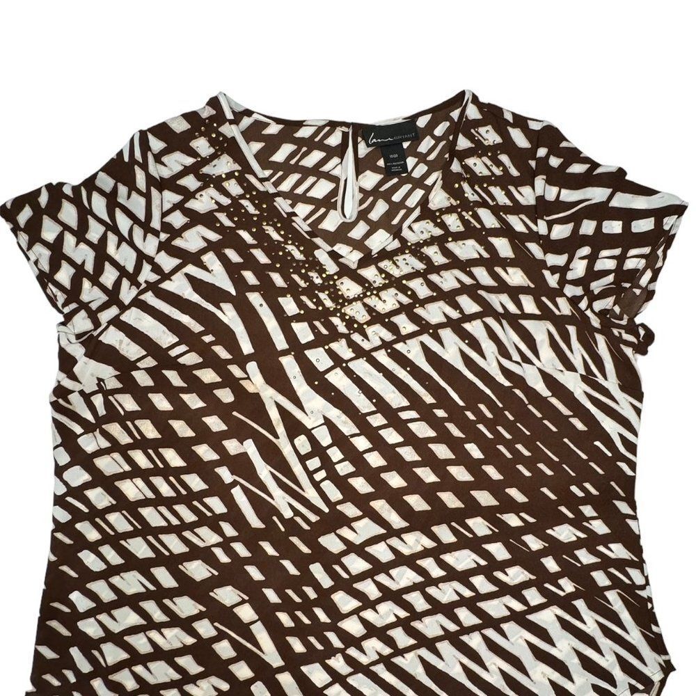 A women's short-sleeve top with an abstract brown and off-white geometric pattern, featuring a split V-neckline with bead embellishments. The brand label 'Sears' is visible inside the collar.