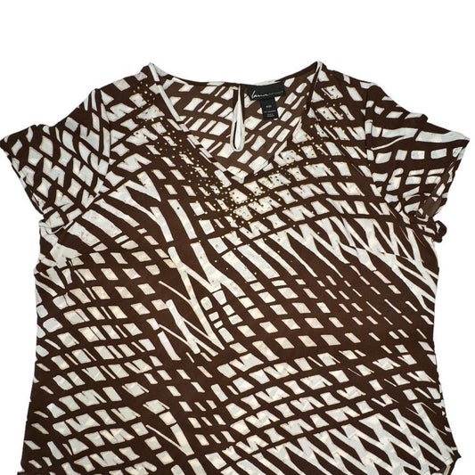 A women's short-sleeve top with an abstract brown and off-white geometric pattern, featuring a split V-neckline with bead embellishments. The brand label 'Sears' is visible inside the collar.