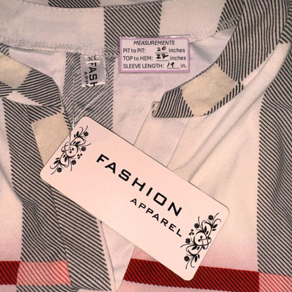 Fashion Women Sz XL Plaid Top bone red black cream Henley 3/4 roll up sleeves