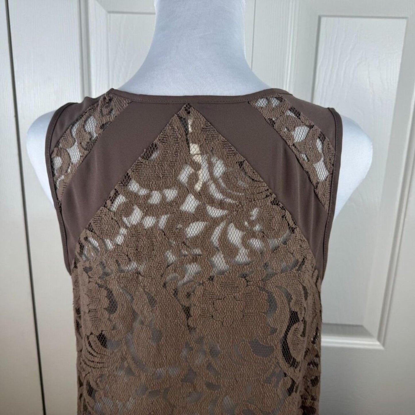 Bellatrix Women Top Taupe Tunic Sz M Front Sheer Lace Back Scoop Neck Sleeveless