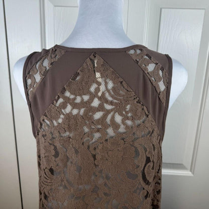 Bellatrix Women Top Taupe Tunic Sz M Front Sheer Lace Back Scoop Neck Sleeveless