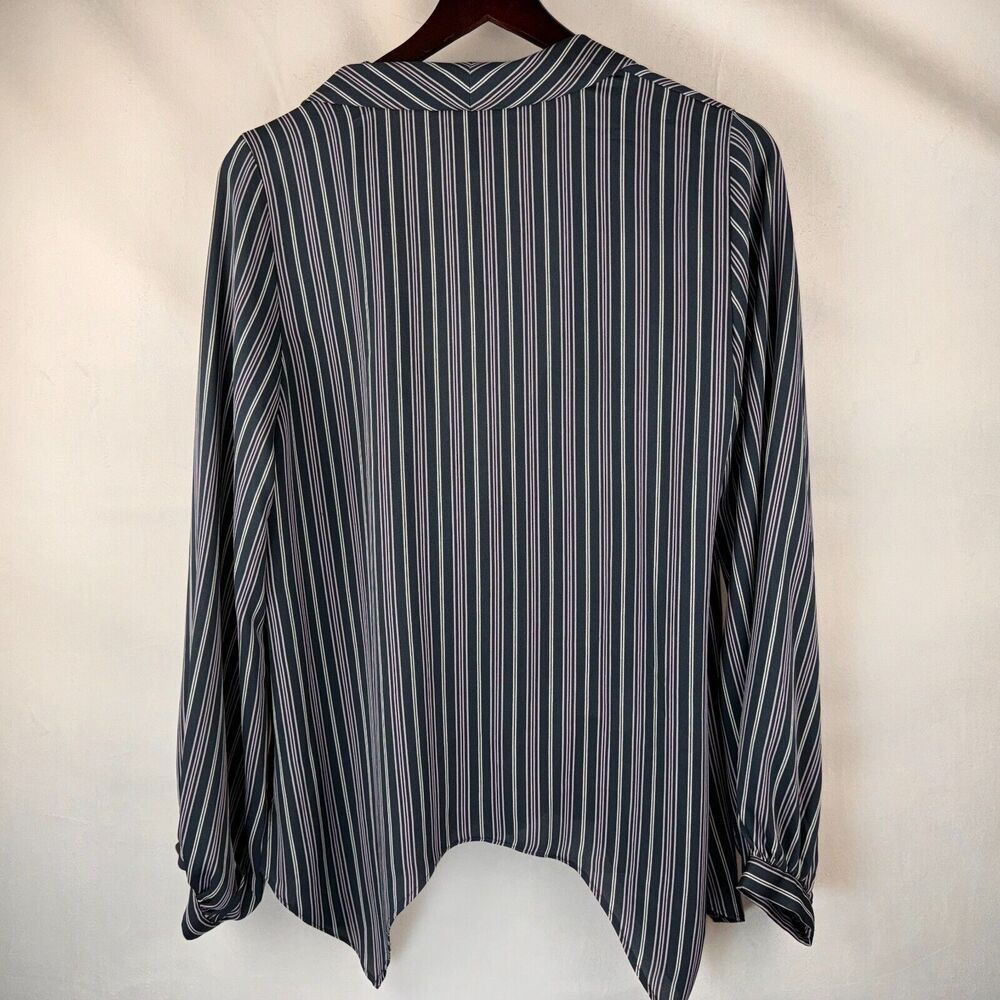 BCBG MaxAzria Blouse Sz S Midnight Teal Asymmetrical Wrap White Pink Stripes NWOT
