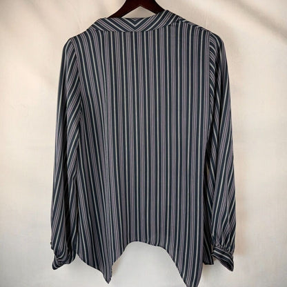 BCBG MaxAzria Blouse Sz S Midnight Teal Asymmetrical Wrap White Pink Stripes NWOT