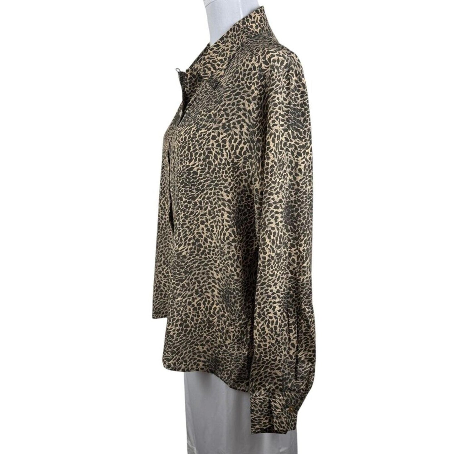 Donna Gray Women Blouse XL Silk Button Down Long Sleeve Animal Print Brown Tan