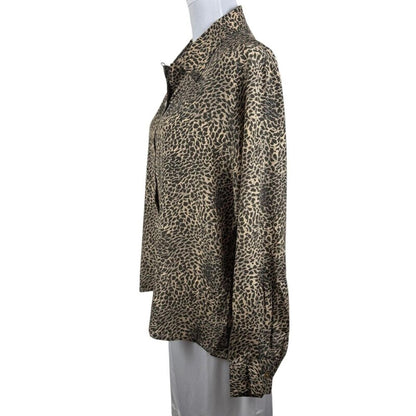 Donna Gray Women Blouse XL Silk Button Down Long Sleeve Animal Print Brown Tan