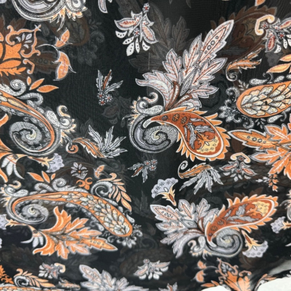 Daniel Rainn Ladies Blouse Sz L Sheer Black Tan Gray paisley Lace neckline