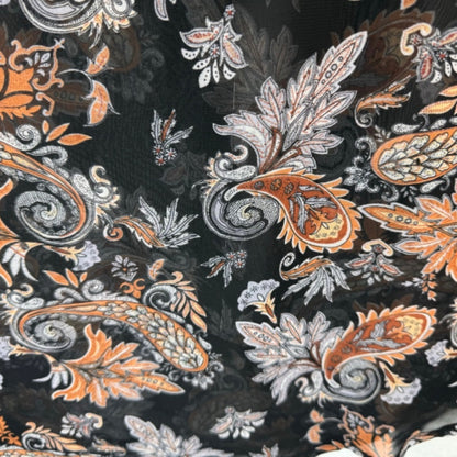 Daniel Rainn Ladies Blouse Sz L Sheer Black Tan Gray paisley Lace neckline