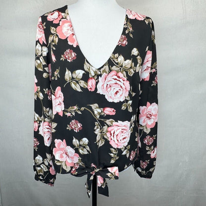 Guess Women Top Sz M Black Red Floral Print VNeck Front Waist Tie Cuffed Sleeves