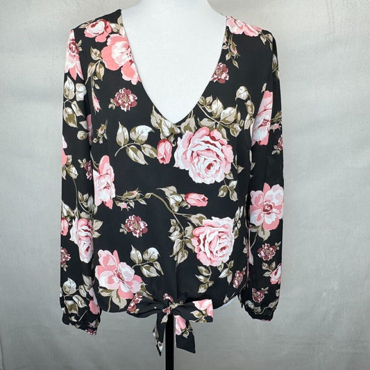 Guess Women Top Sz M Black Red Floral Print VNeck Front Waist Tie Cuffed Sleeves
