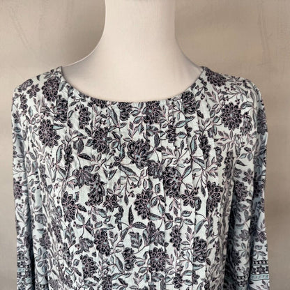 J Jill Tunic Women Sz S Blue Floral Pintuck Long Sleeve Boat Neck Prairie