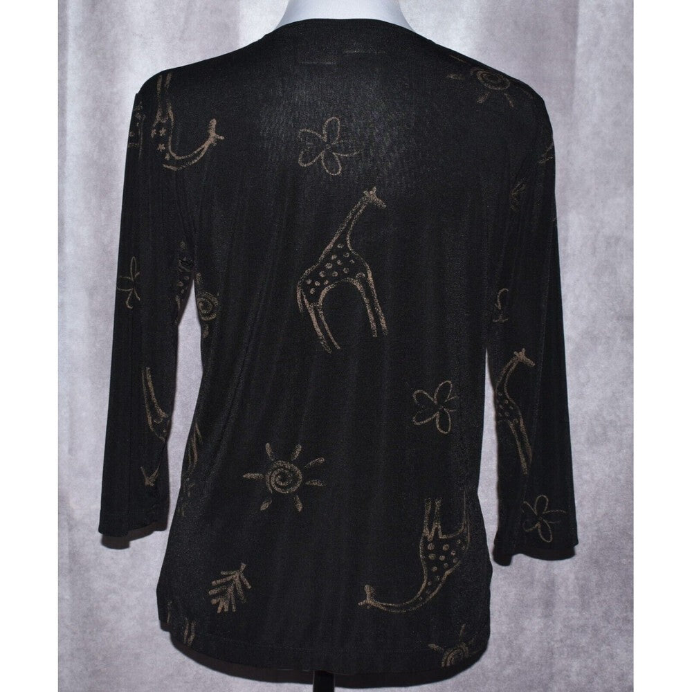 Liz Baker Womens Petite Black Long Sleeve Giraffe Print Stretch Top - Size Small
