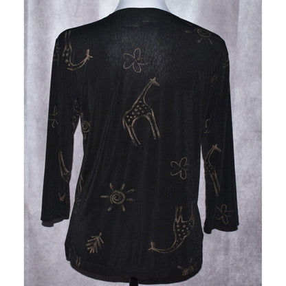 Liz Baker Womens Petite Black Long Sleeve Giraffe Print Stretch Top - Size Small