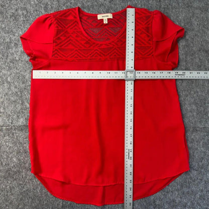 Meraki Womens Blouse Sz S Sheer Red Aztec Mesh Short Sleeve Crew Neck Pullover