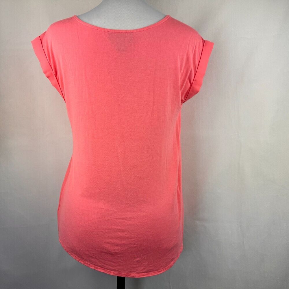 By & By Ladies Top Sz S Coral Sheer Boat Neckline Front Tie Cap Short Sleeves