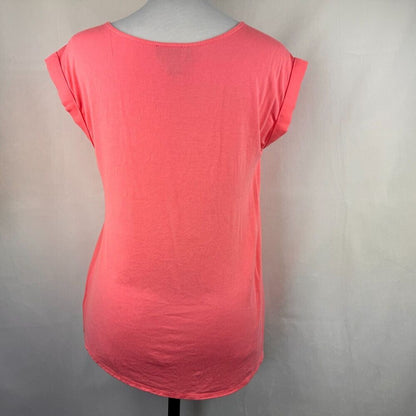 By & By Ladies Top Sz S Coral Sheer Boat Neckline Front Tie Cap Short Sleeves