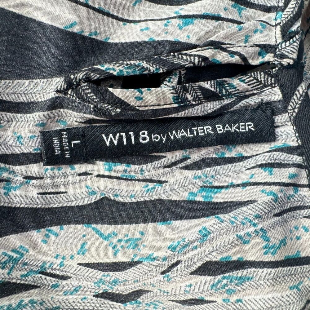 W118 by Walter Baker Top Sz L Black Gray Green Print Round Neck Cap Sleeve