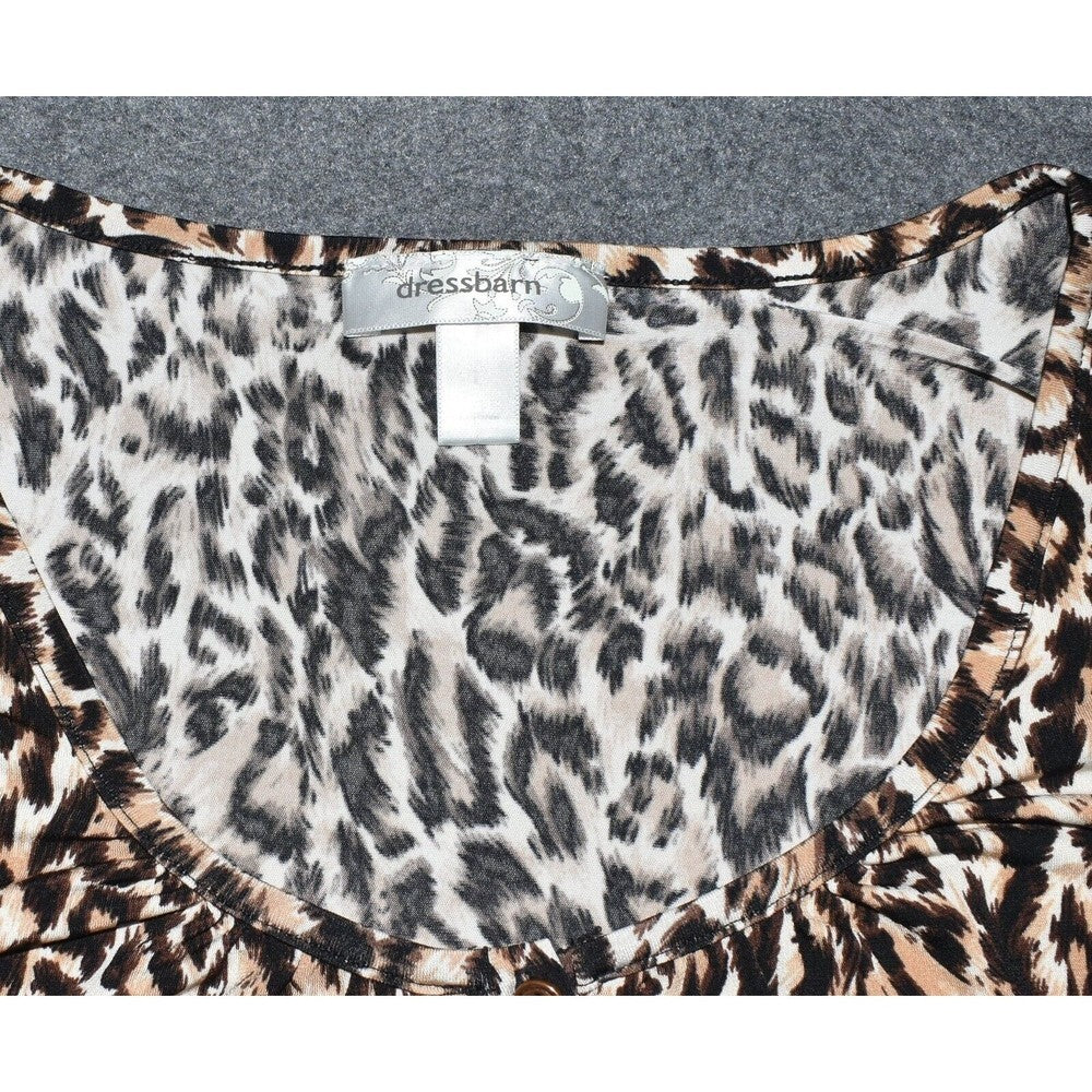 Dressbarn Animal Print 3/4 Sleeve 1/2 Button Stretch Brown - Size Large