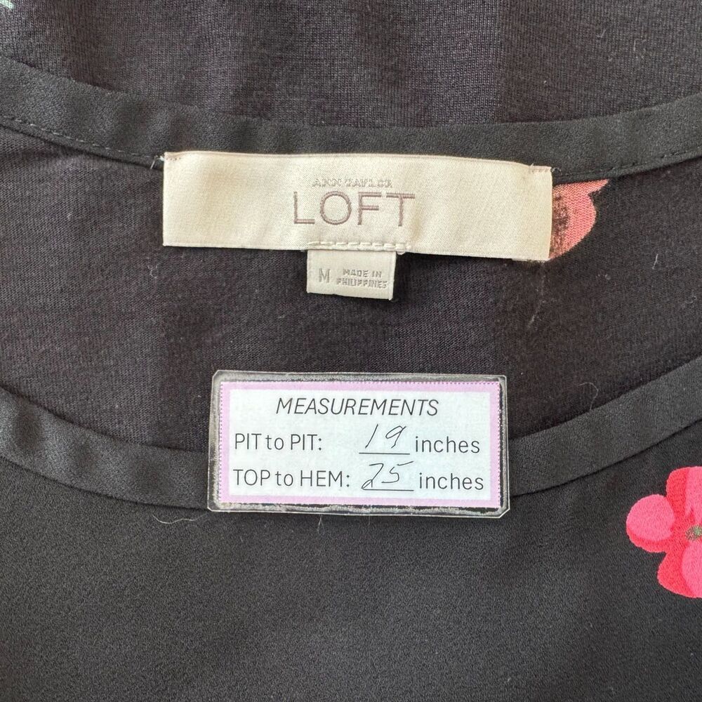 Loft Women Blouse Sz M Black Flower Print Boat Neck Ruffle Cap Sleeve