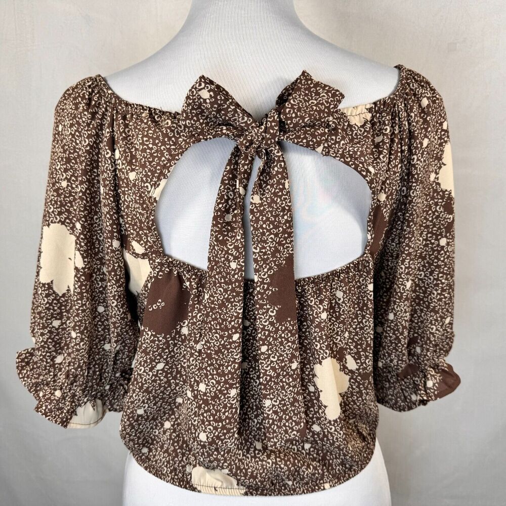 Sienna Sky Cropped Top Sz S Brown Cream Floral Ruffle Short Sleeve Elastic waist