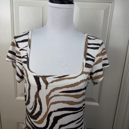 Venus  Women Top Sz M Ivory Zebra Print Square Neck Fitted Stretch Short Sleeve