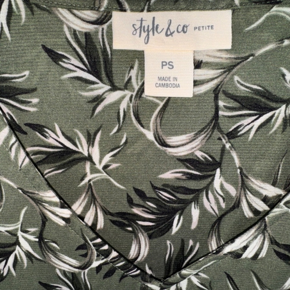 Style & Co Blouse Sz PS Green Tropical floral print Tie in front peplum
