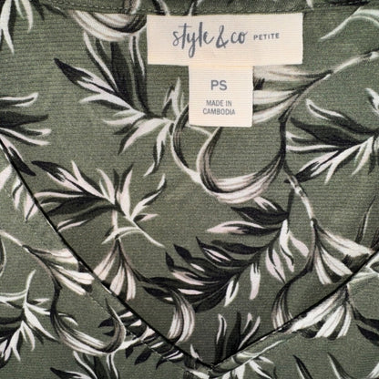 Style & Co Blouse Sz PS Green Tropical floral print Tie in front peplum