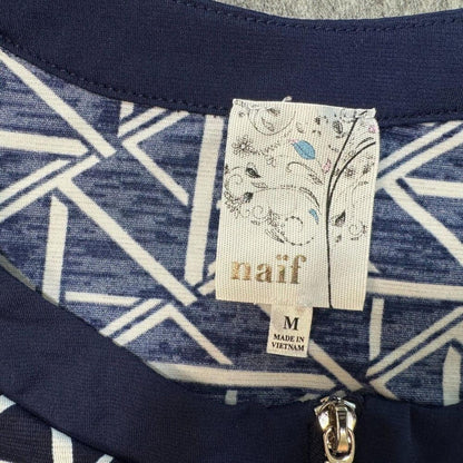 Naif Women Halter Top Size M Navy White Geometric Print Sleeveless Zip Front